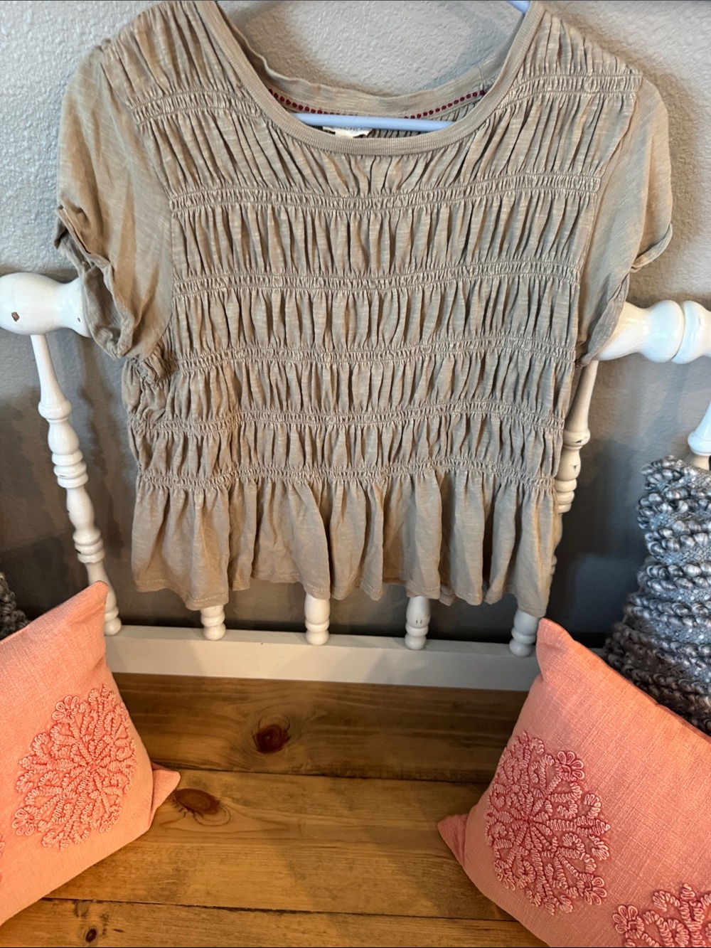 Pilcro Tan Smocked Short-Sleeve Peplum Top